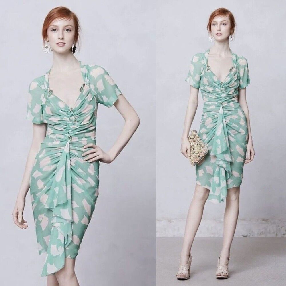 Anthropologie Beguile by Byron Lars Gingko Green Midi Dress Ruching Designer 2